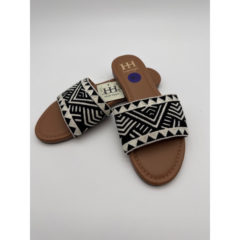 Haute Hippie Style Women Black White Geometric Embroidered Slide Sandals 8.5 NEW